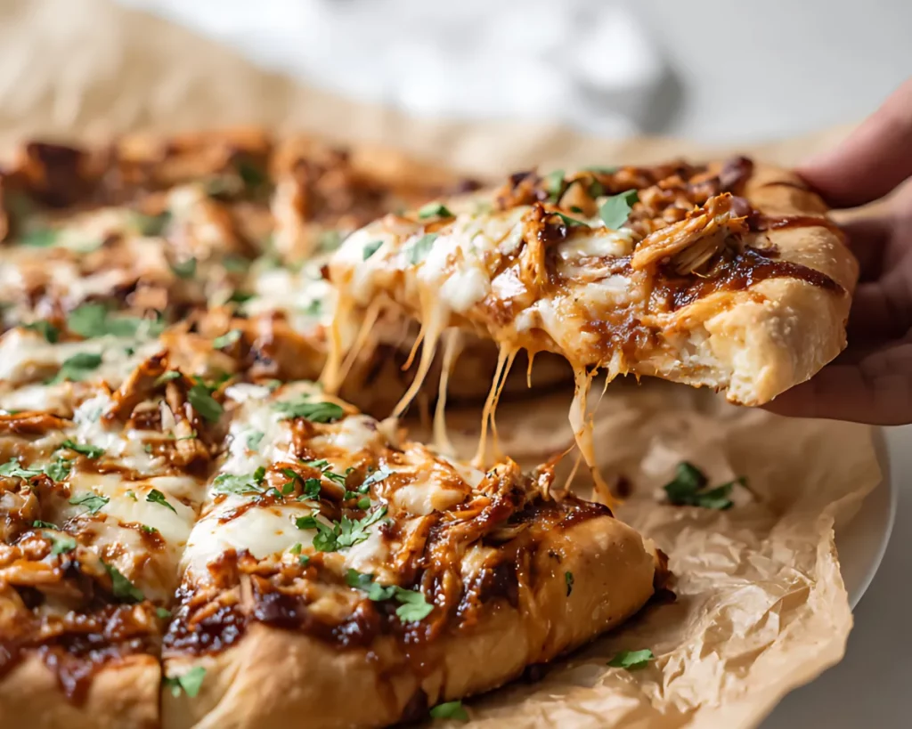 Hand lifting cheesy barbecue chicken pizza slice