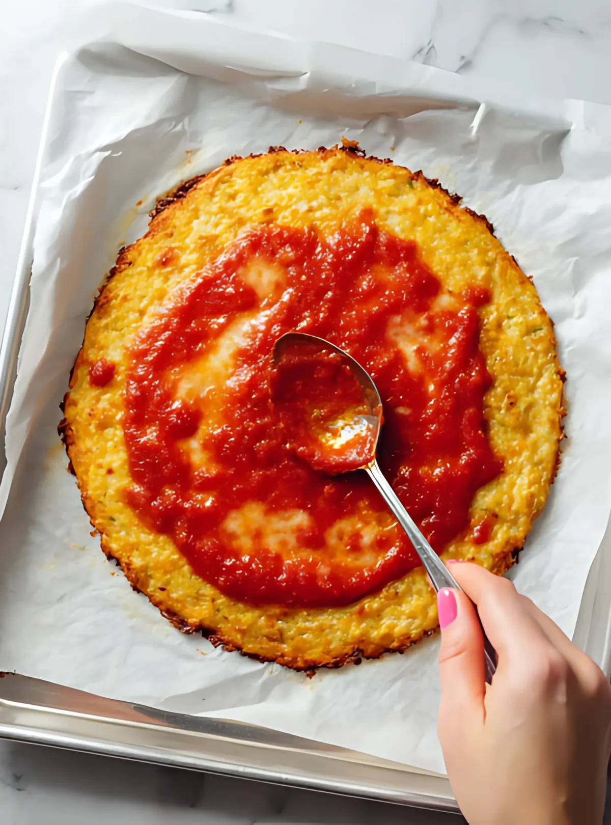 Hand spreading sauce on cauliflower crust