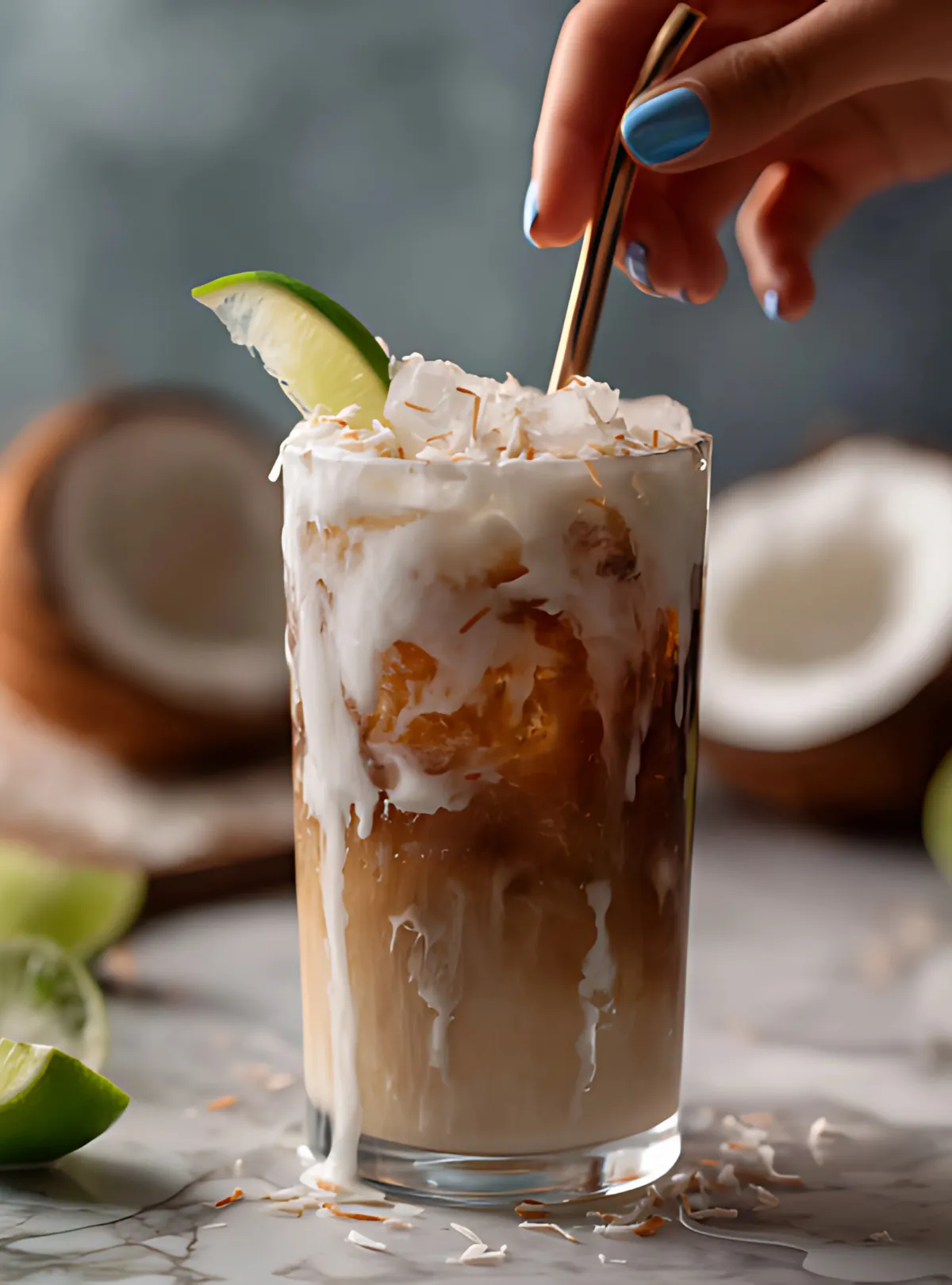 Hand stirring creamy soda topped with lime and shredded coconut