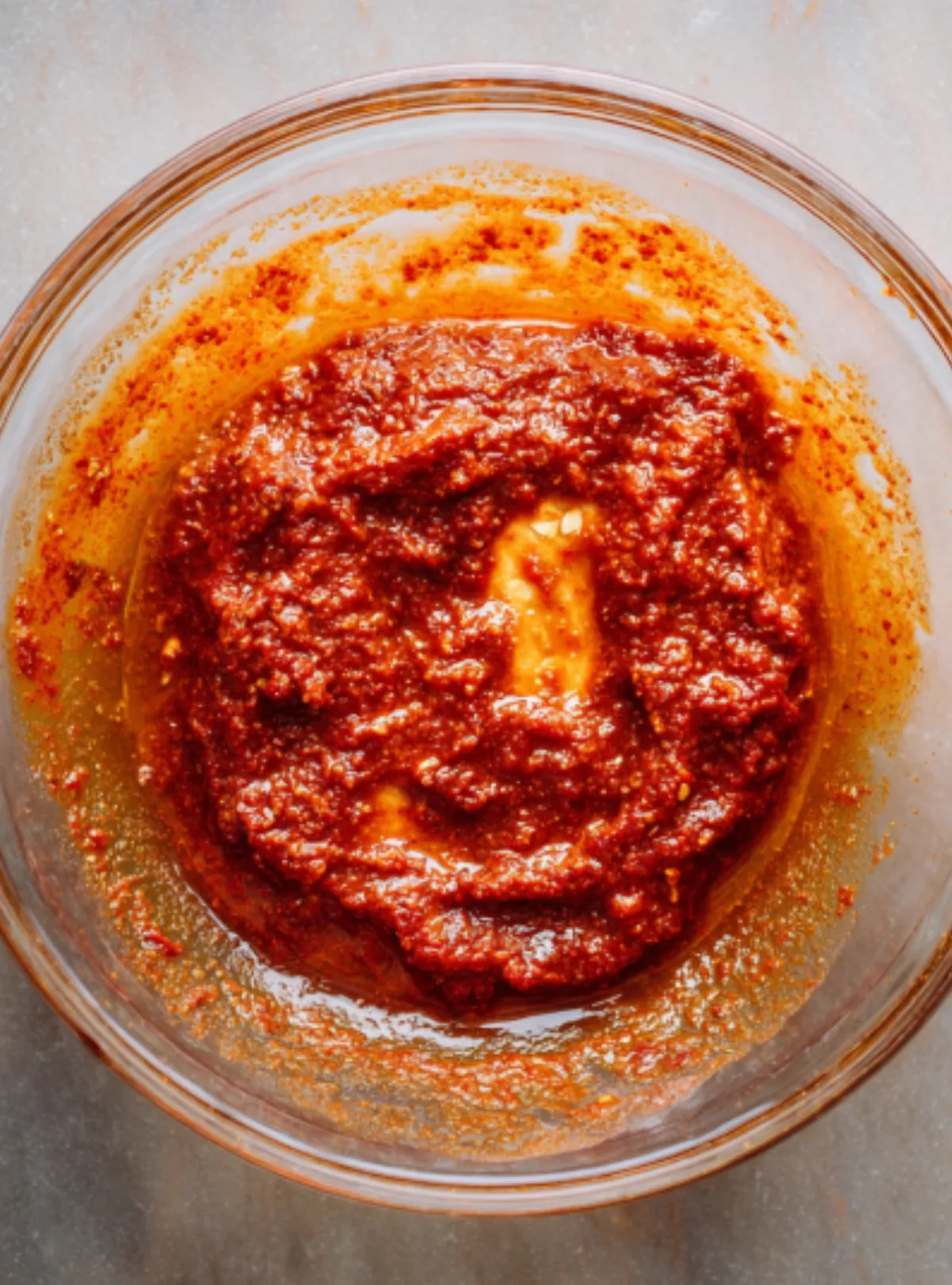 Harissa marinade in glass bowl