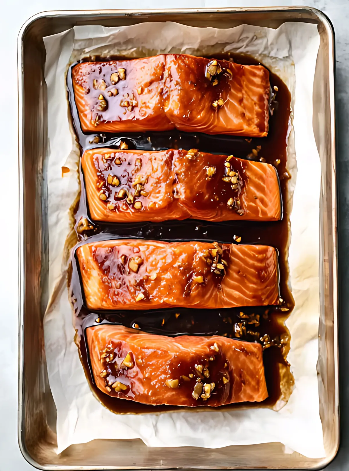 Marinated salmon fillets on parchment tray
