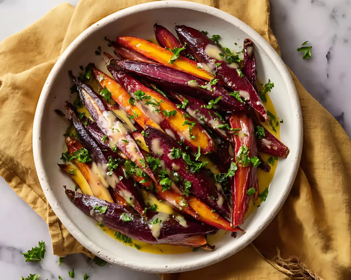 Overhead carrots with parsley on yellow napkin