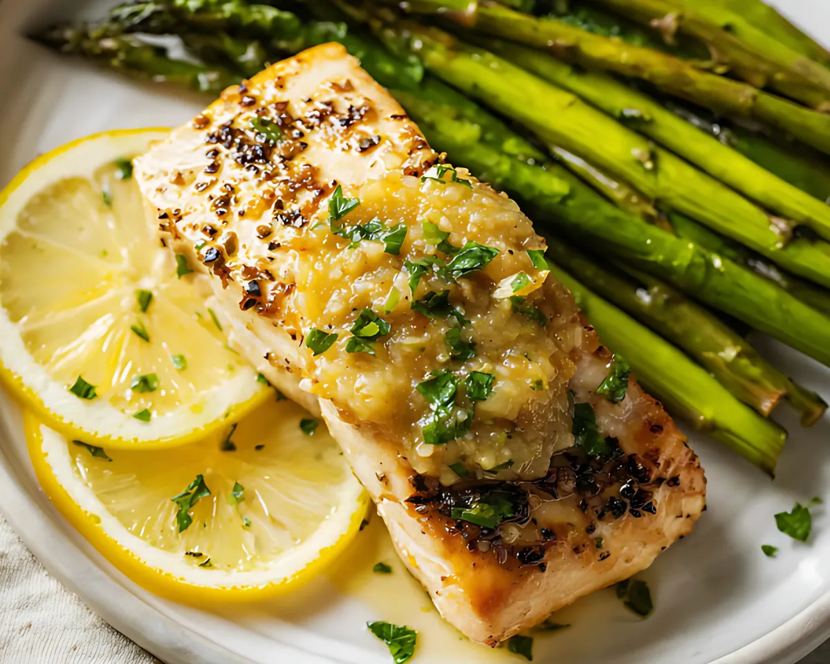 Plated fish with asparagus and lemon