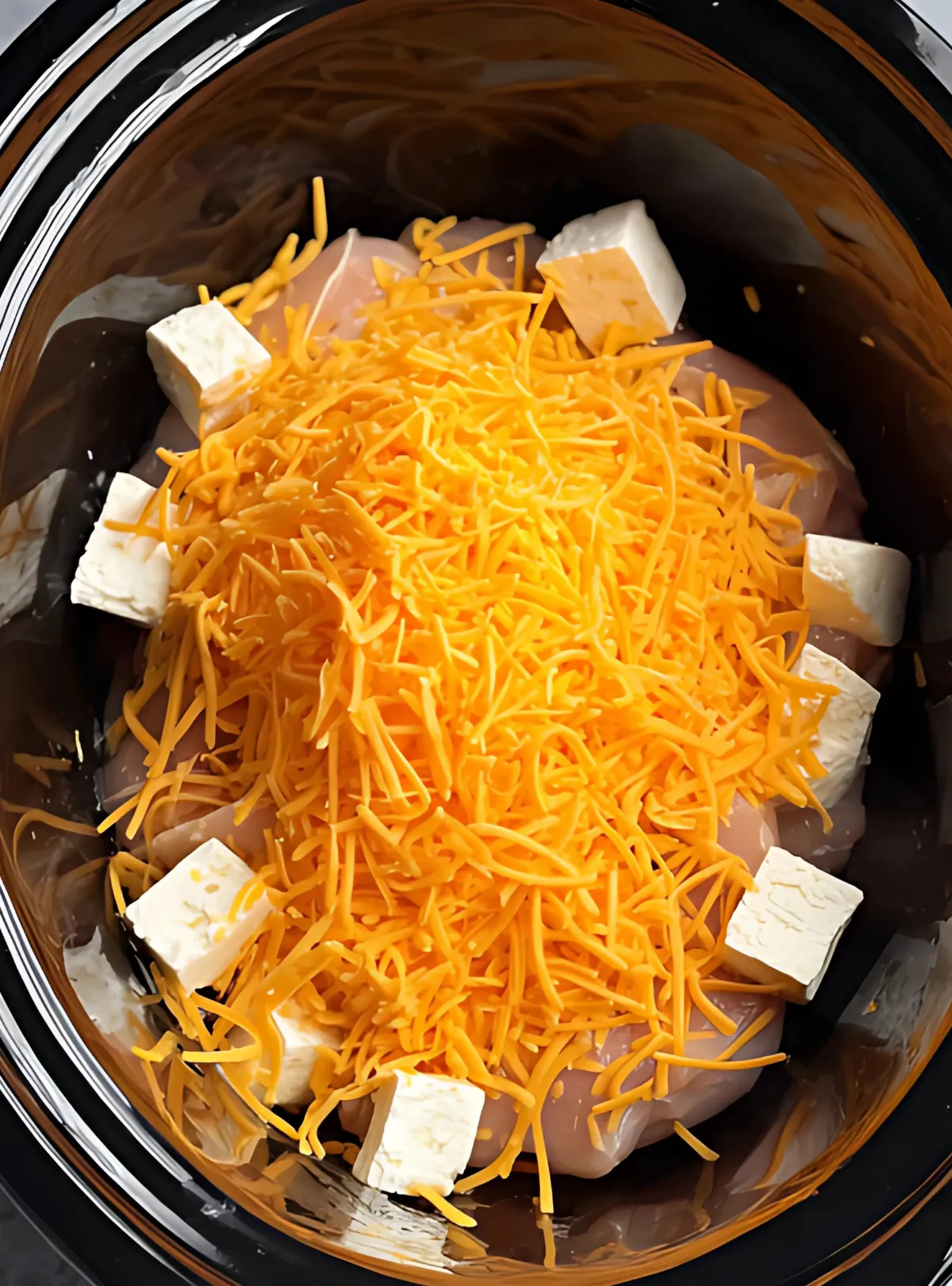 Raw ingredients in slow cooker with cheese and cream cheese