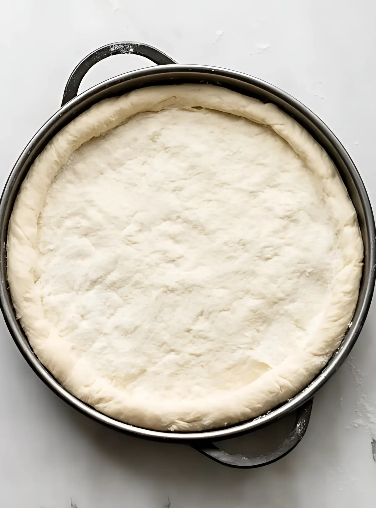Raw pizza dough in a pan