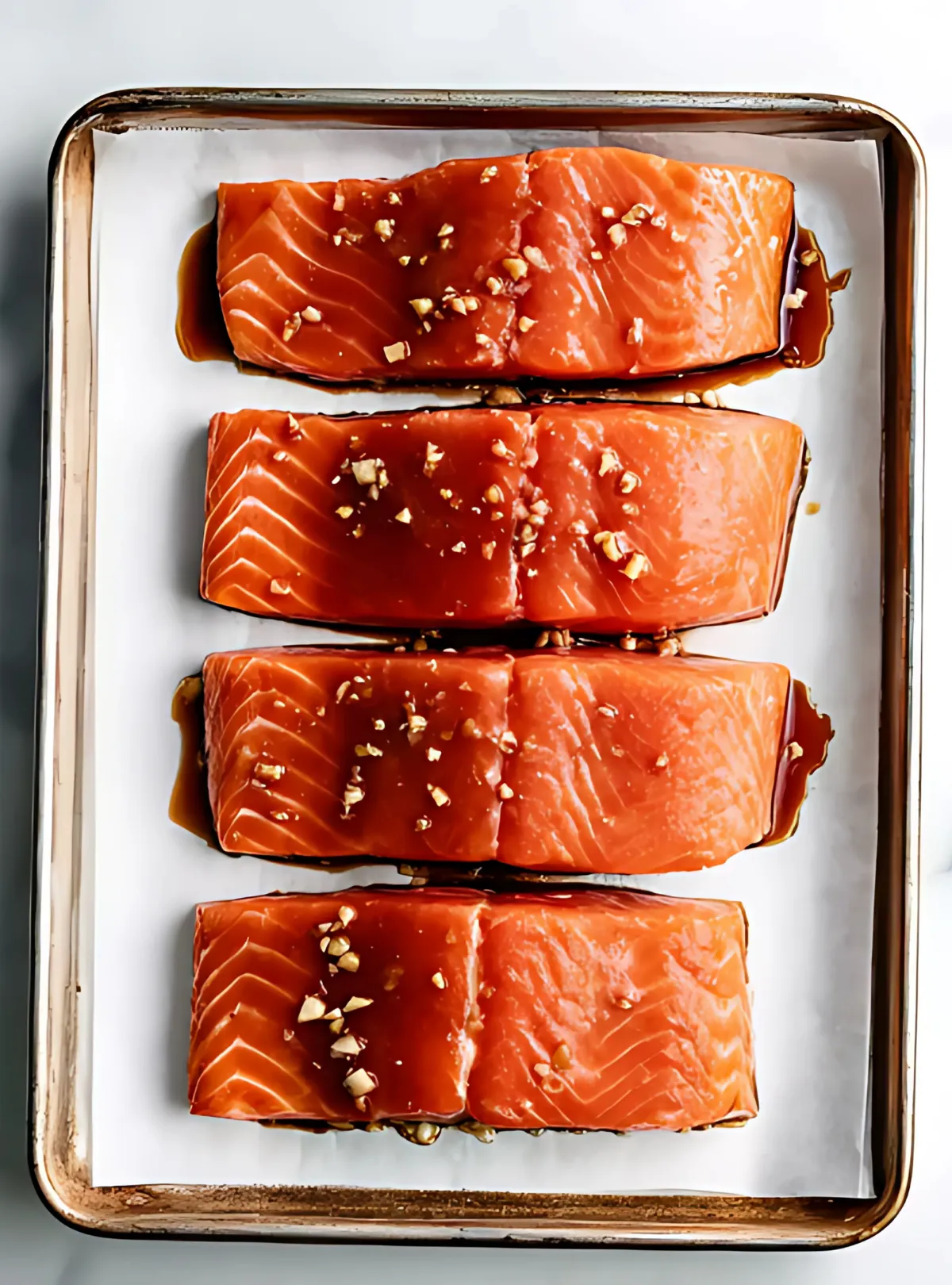 Raw salmon fillets on baking tray