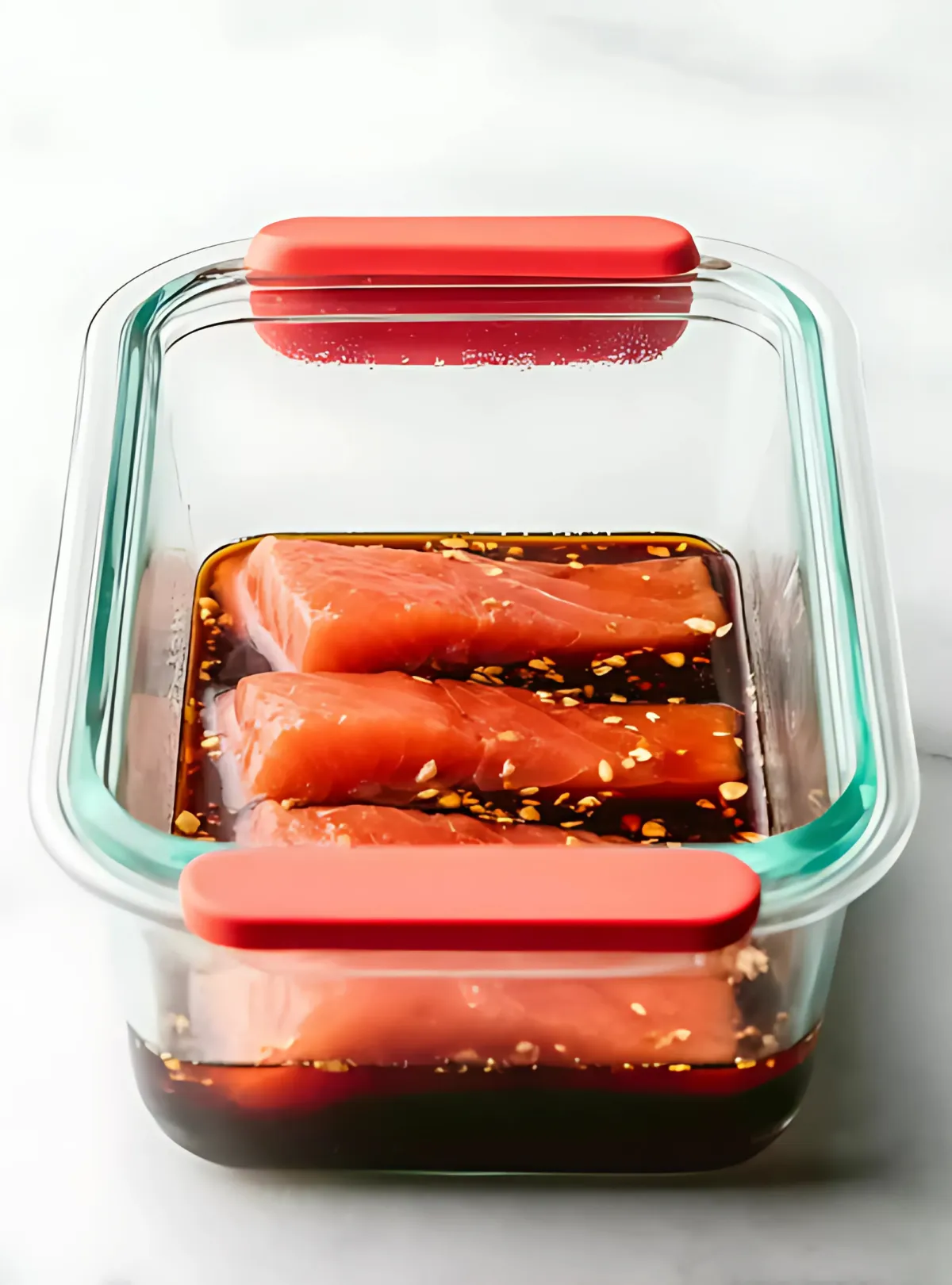 Raw salmon marinating in glass container