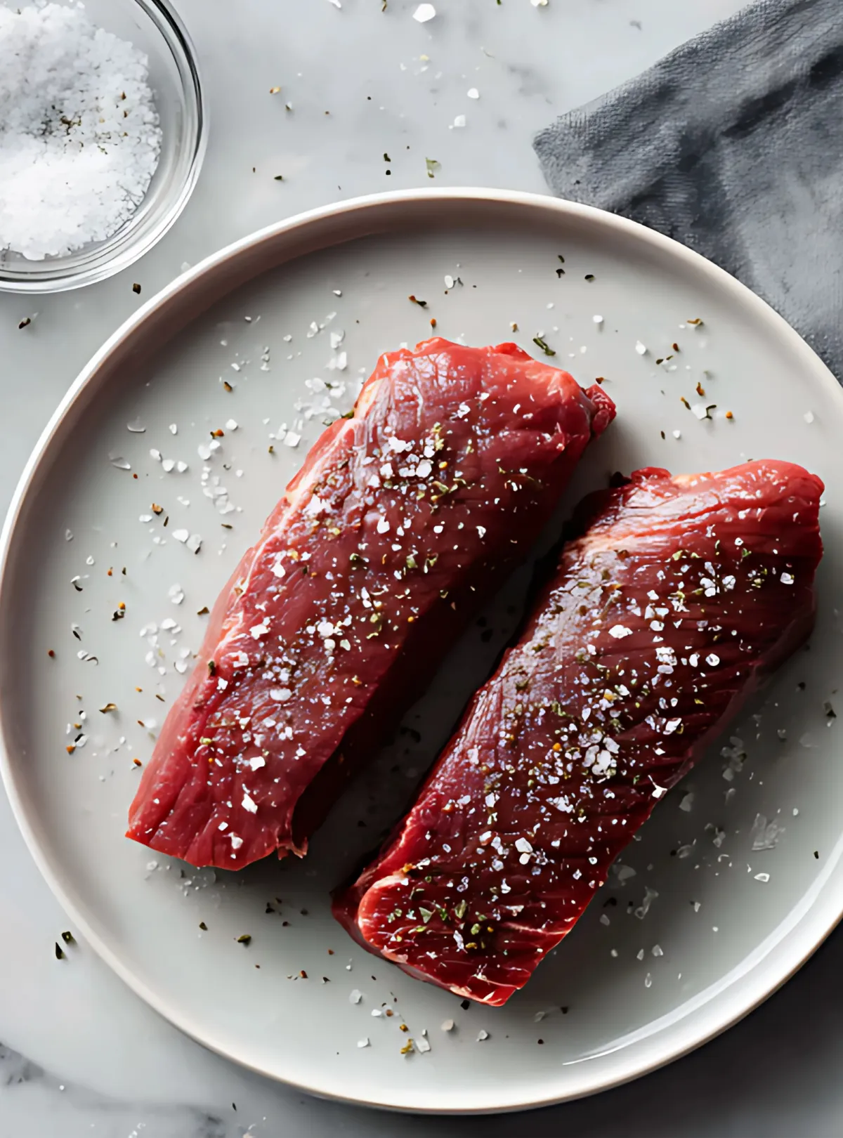 Raw venison tenderloins with salt on plate