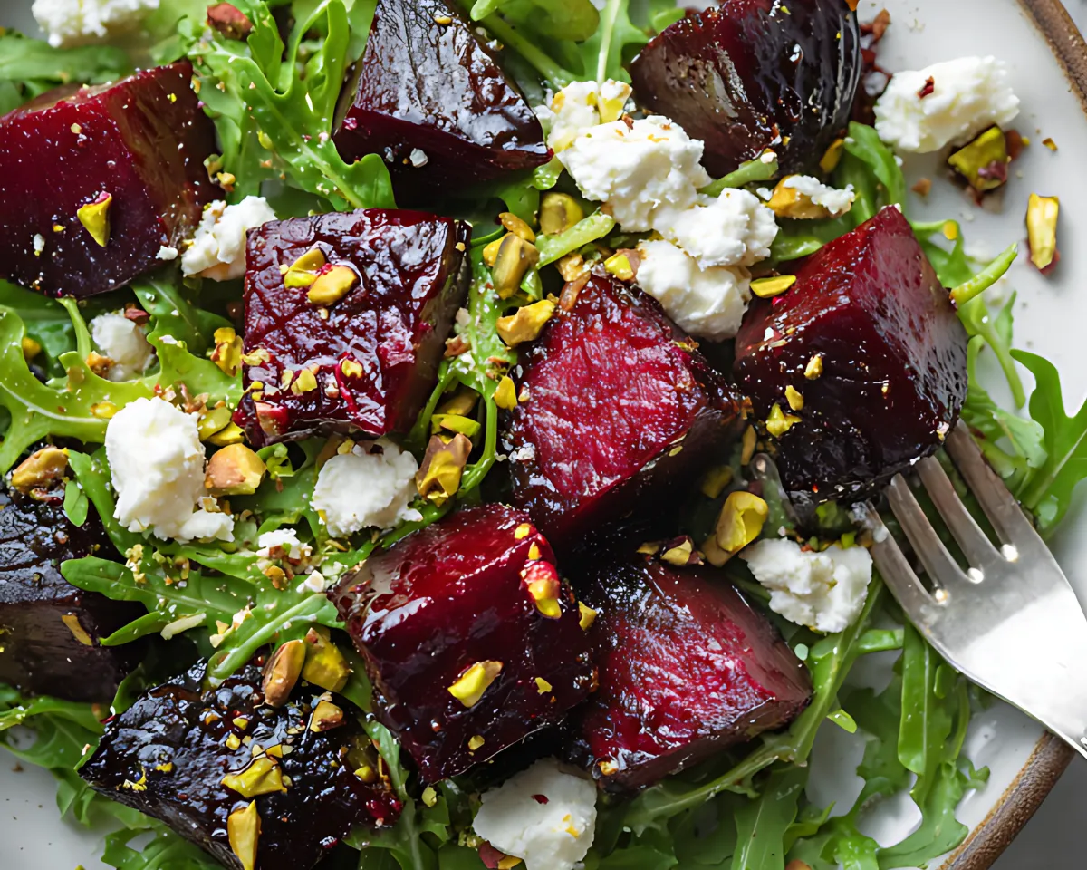 Roasted beet salad with arugula goat cheese and pistachios