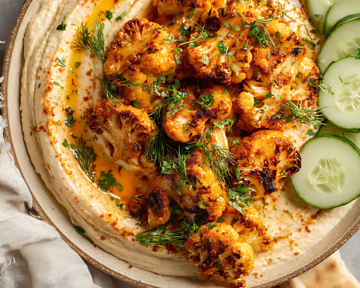 Roasted cauliflower on hummus with pita and cucumber