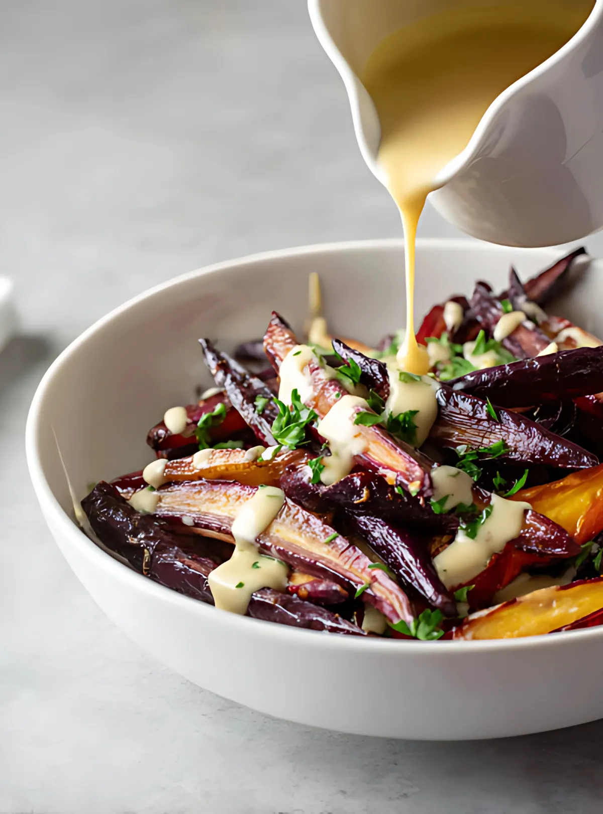 Sauce drizzling over roasted carrots