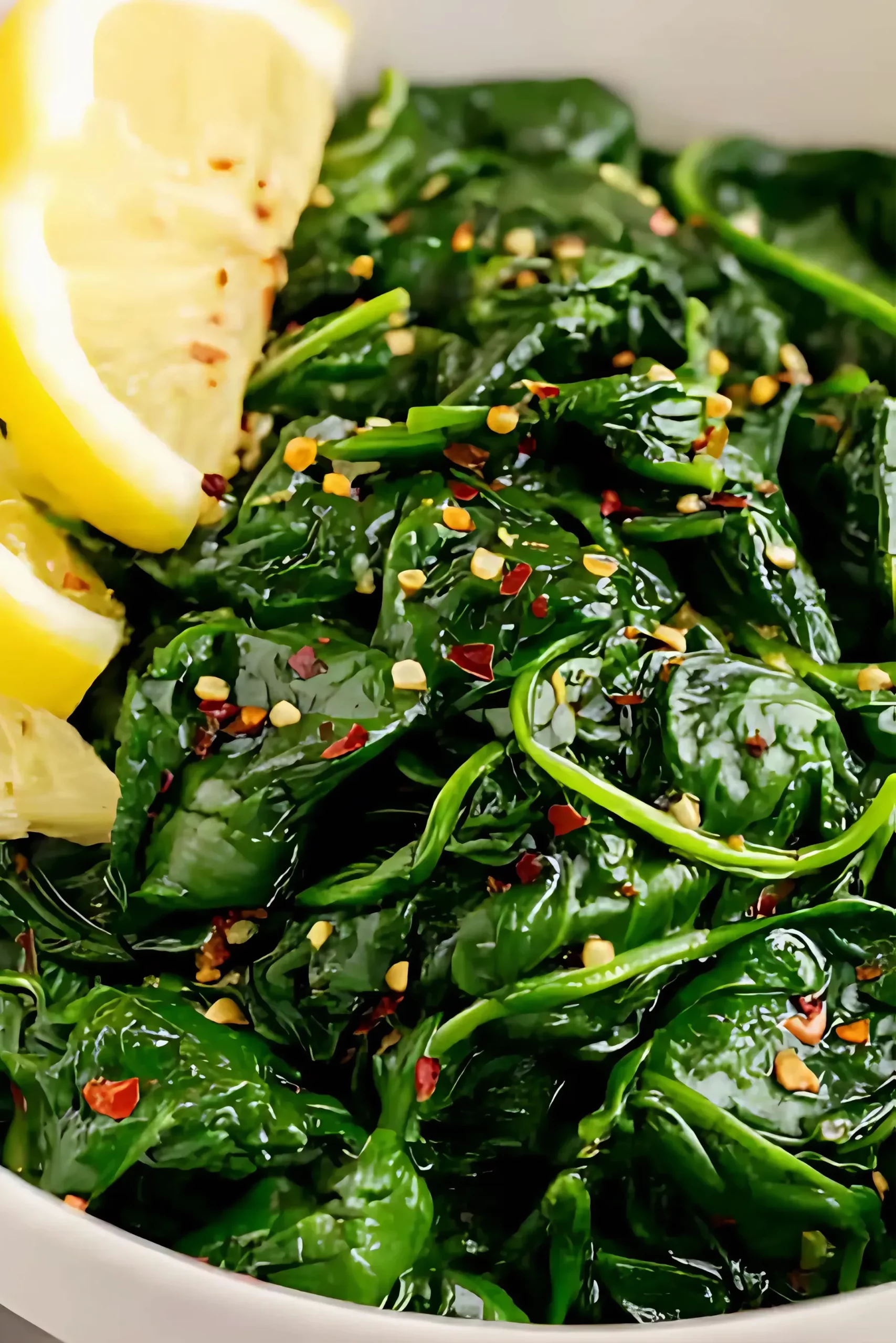 Sautéed spinach in bowl with lemon slices