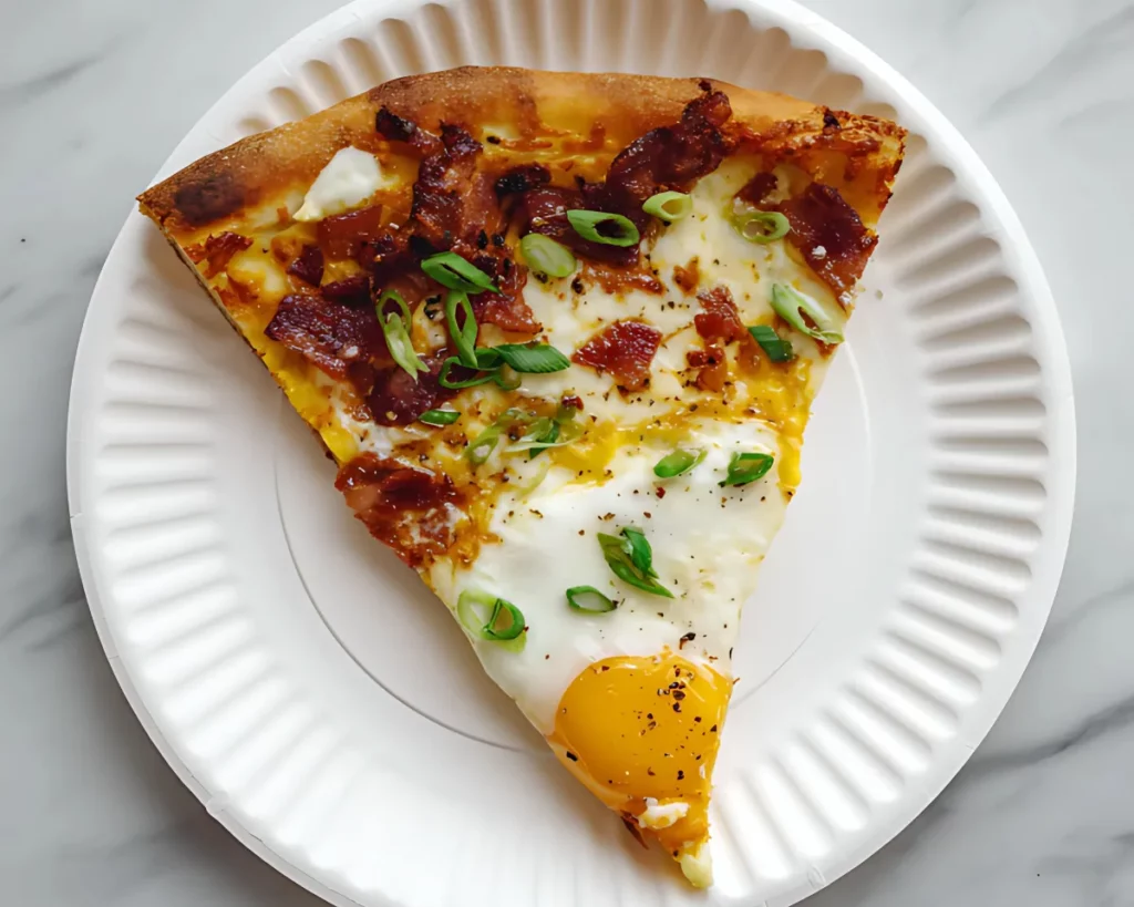 Slice of breakfast pizza on white paper plate
