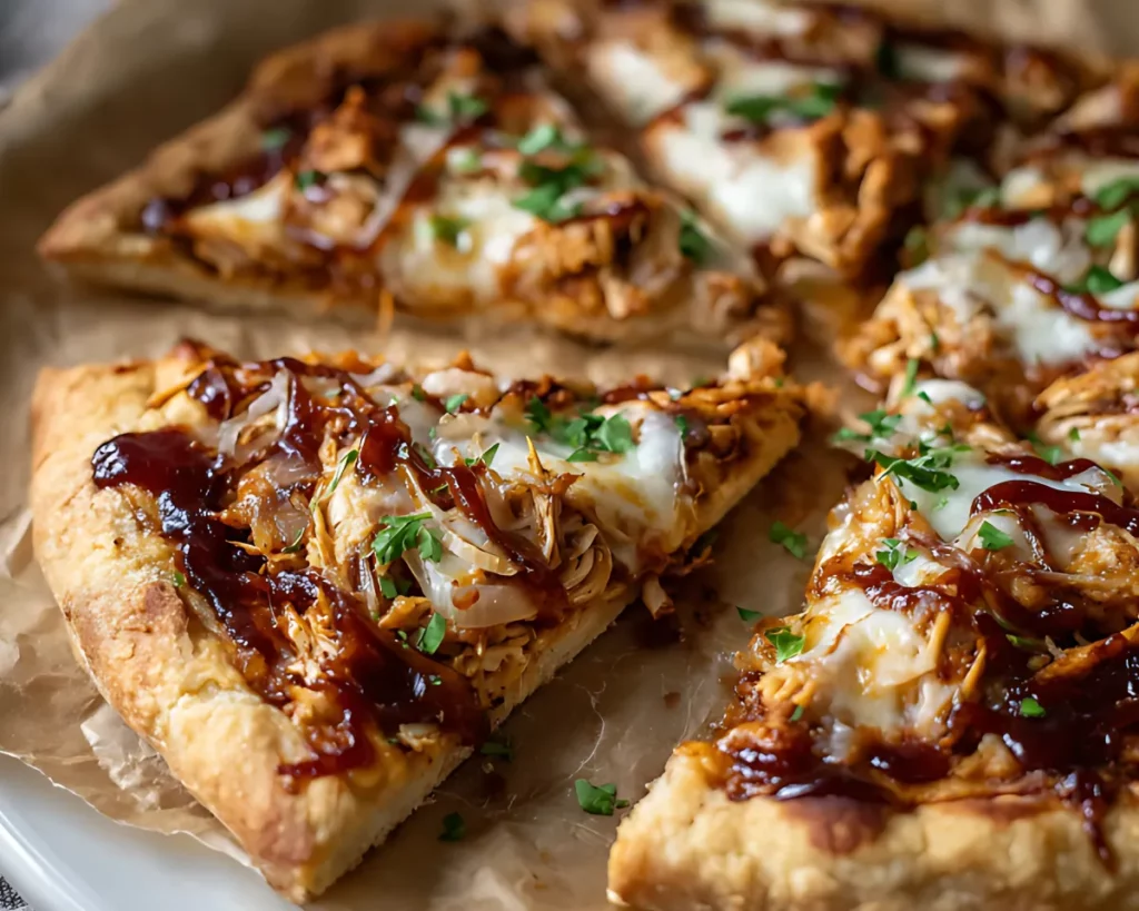 Sliced barbecue chicken pizza on parchment