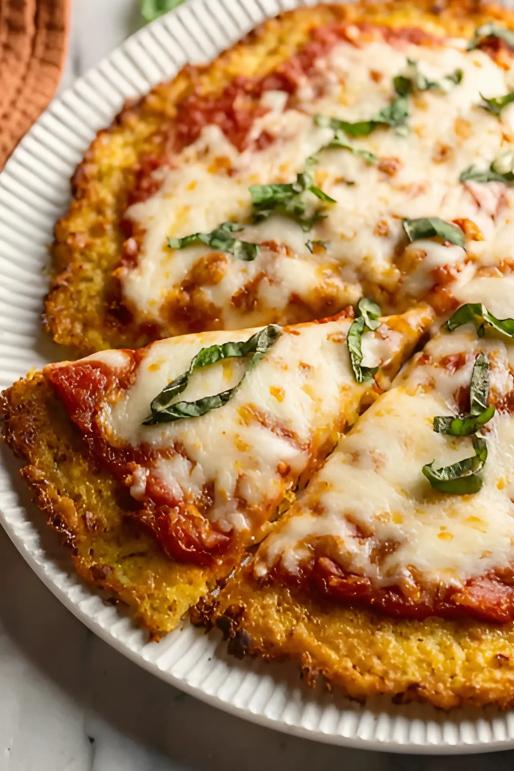 Sliced cauliflower pizza with basil
