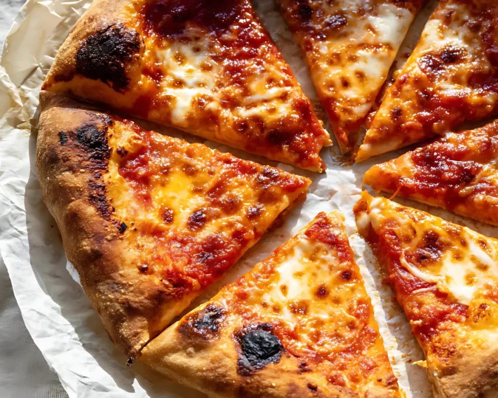 Sliced cheese pizza on parchment paper