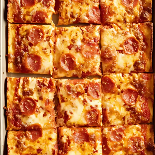 Sliced sheet pan pepperoni pizza overhead