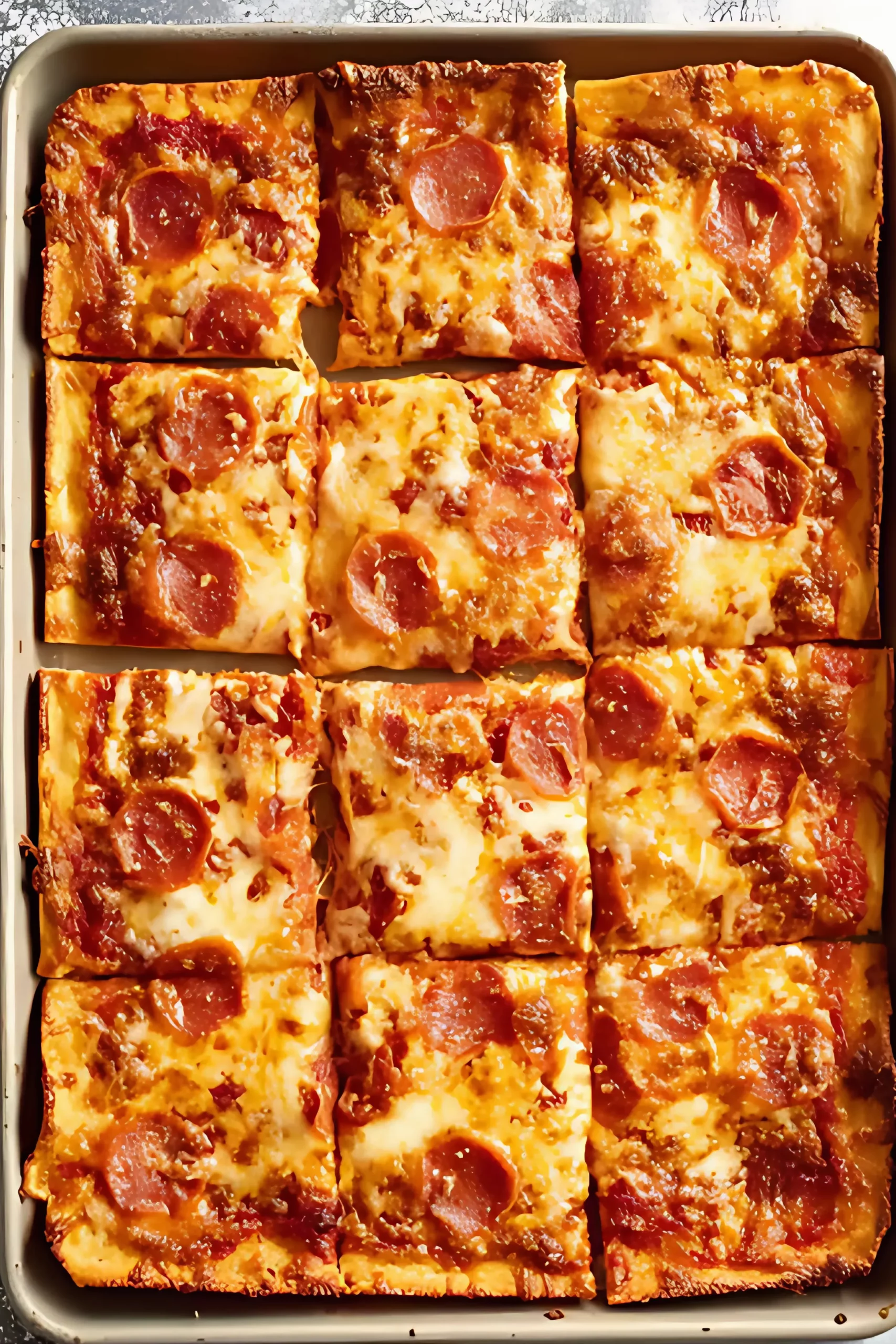 Sliced sheet pan pepperoni pizza overhead