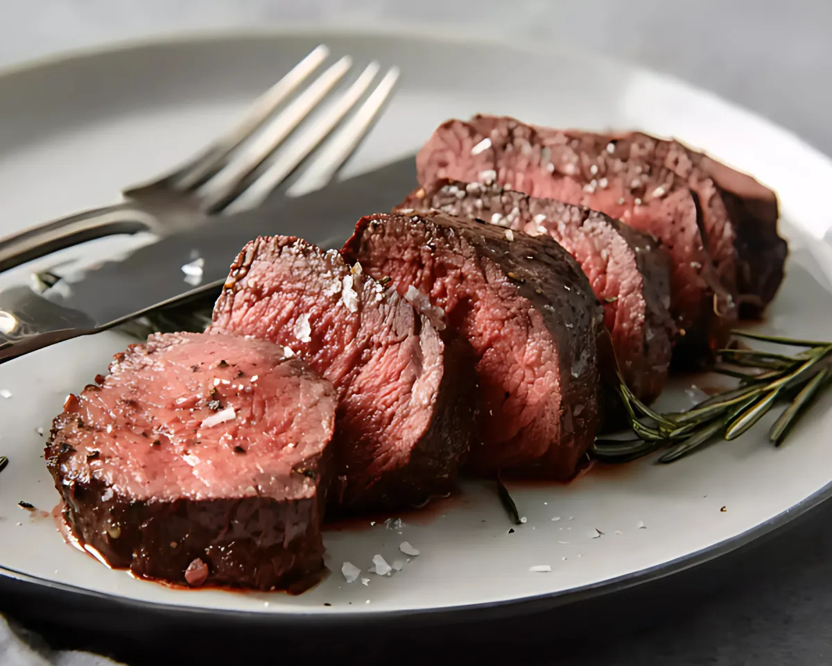 Sliced venison plated with fork and knife