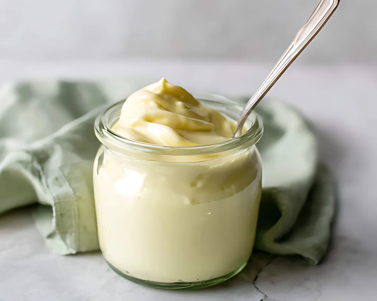 Small jar of mayo with spoon and cloth