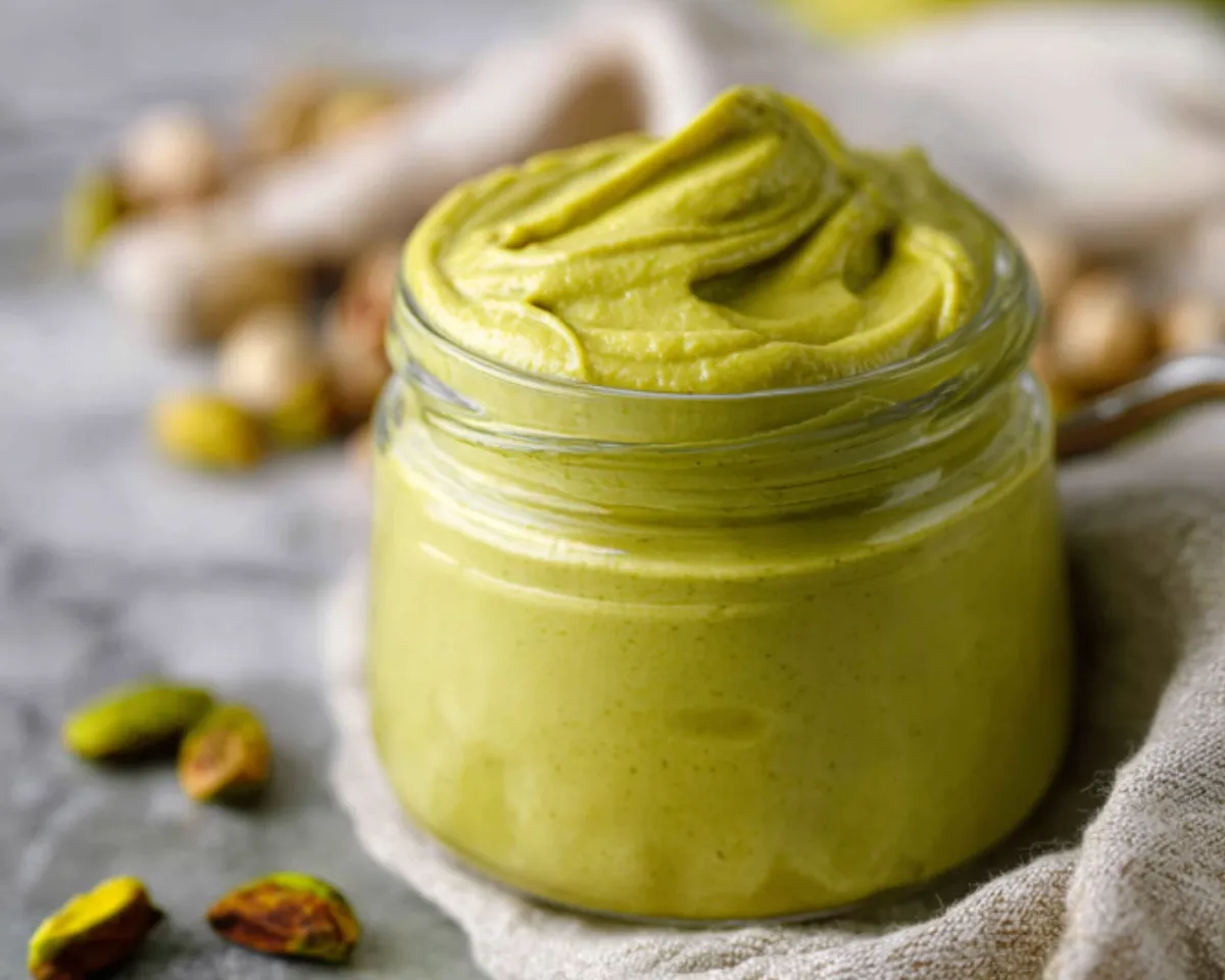 Thick pistachio spread in jar