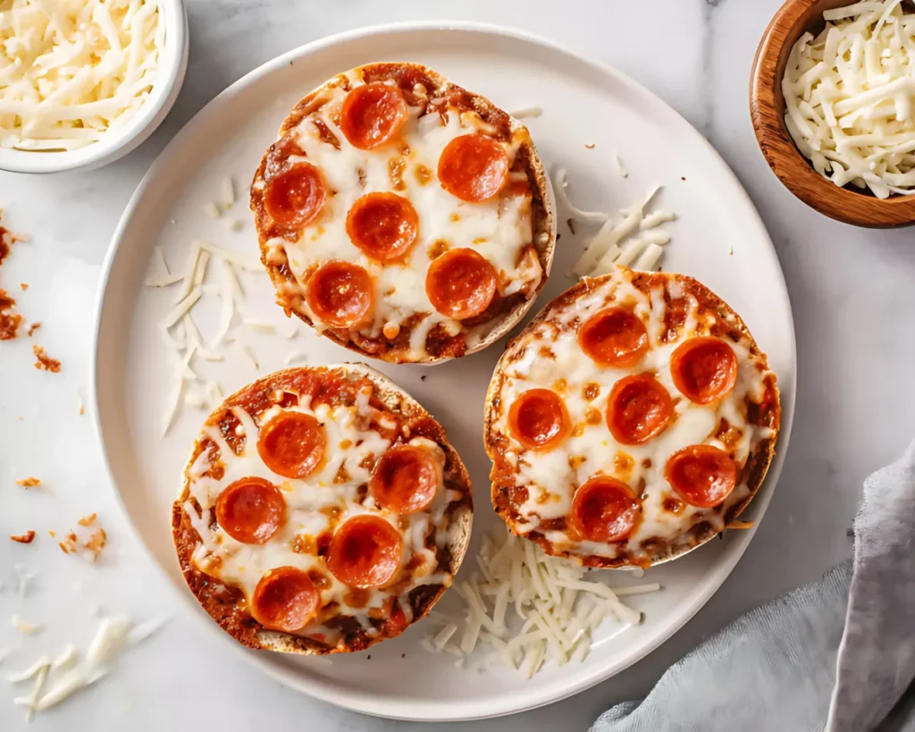 Three mini pepperoni pizzas on a plate with shredded cheese