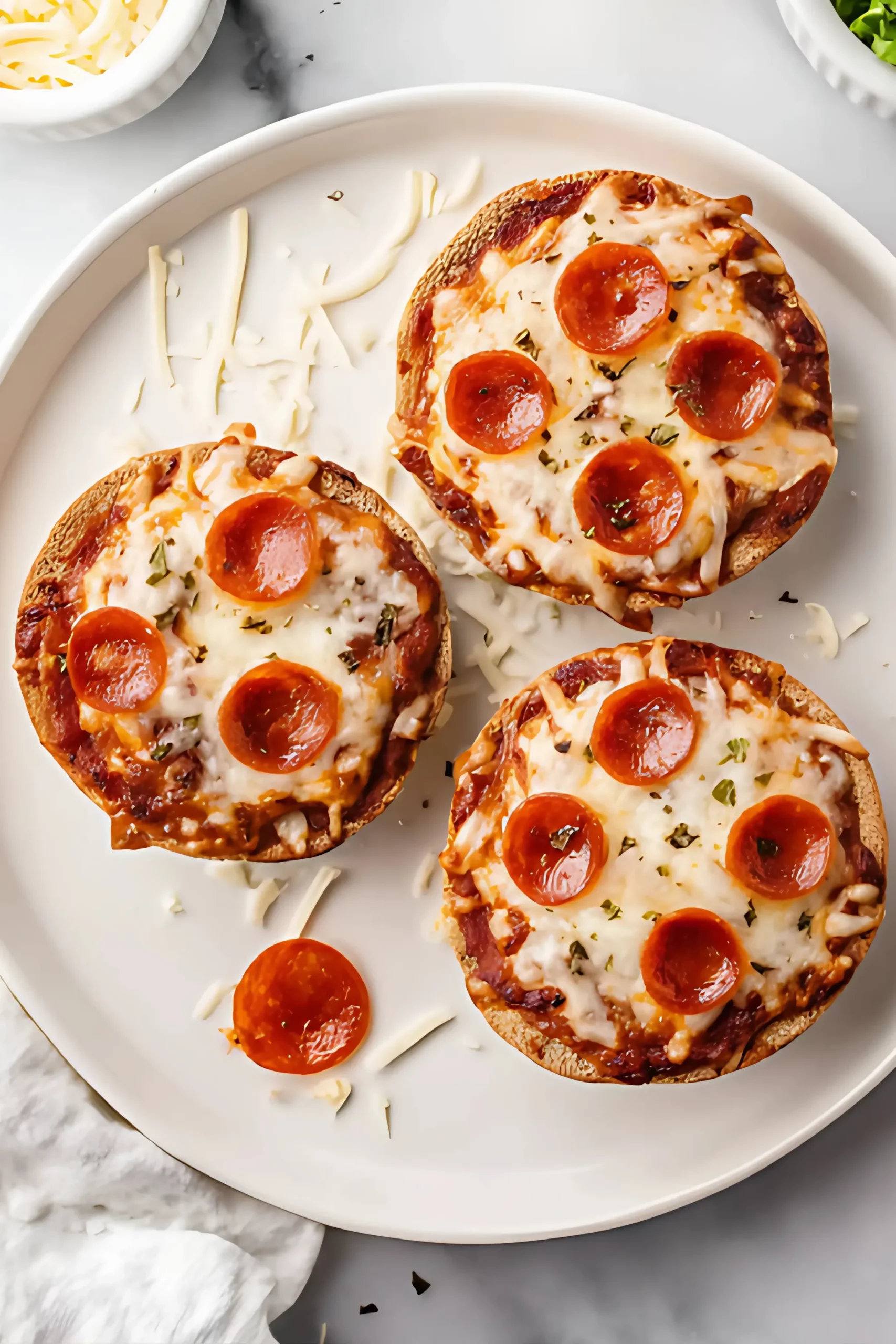 Three mini pepperoni pizzas on a white plate