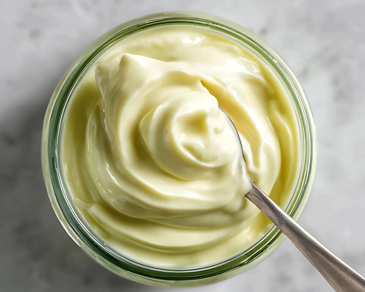 Top view of creamy mayo swirl with spoon