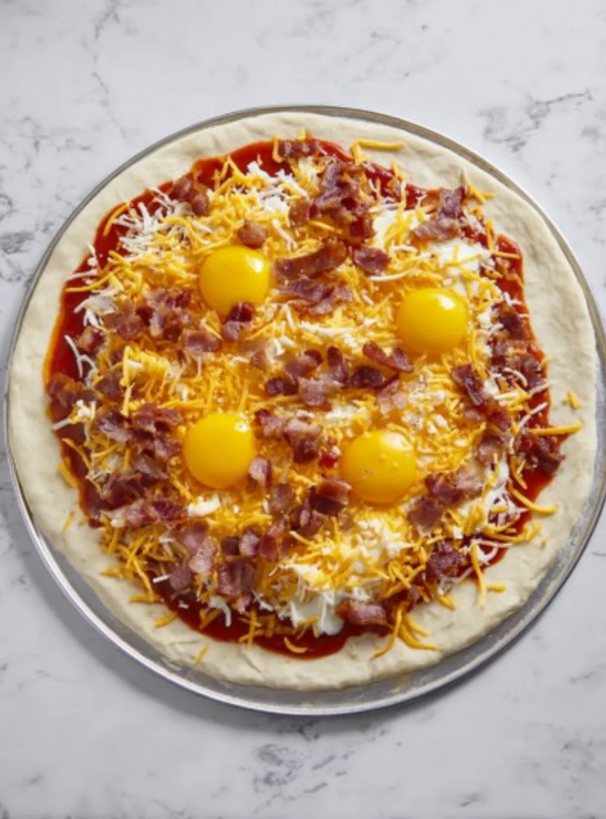 Unbaked pizza with eggs bacon cheese