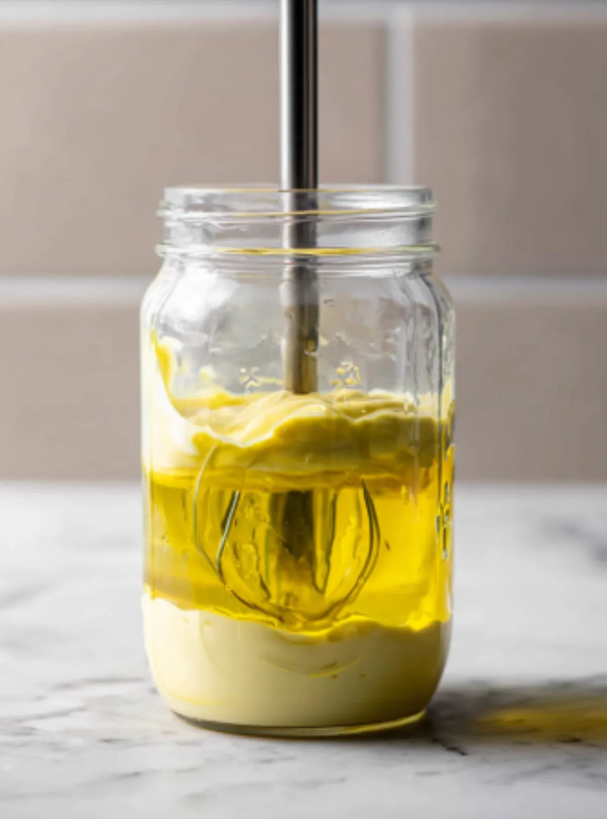 Unblended oil and mayo in jar with blender