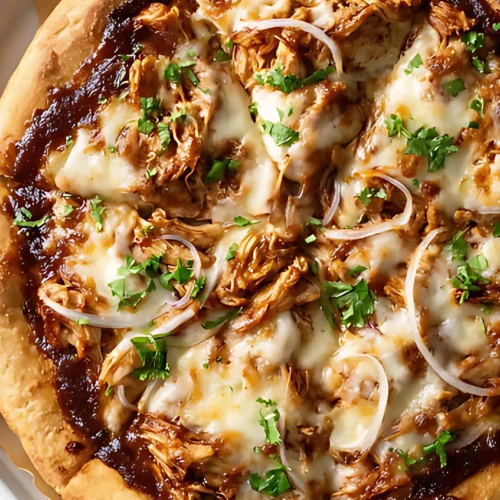 Whole barbecue chicken pizza with onion and herbs