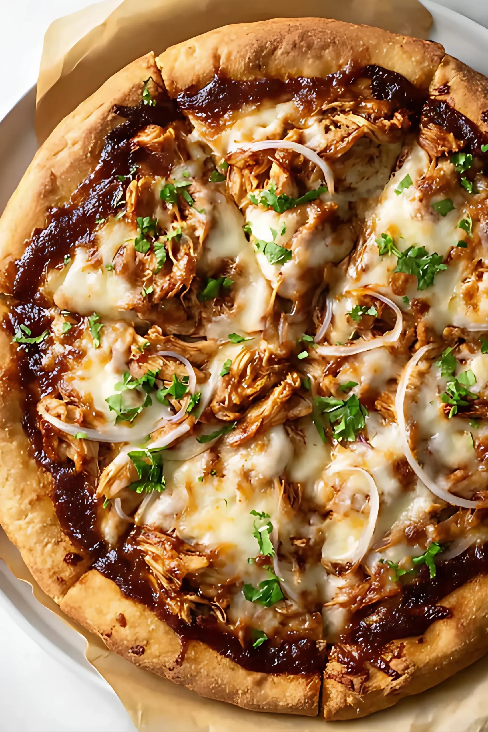 Whole barbecue chicken pizza with onion and herbs