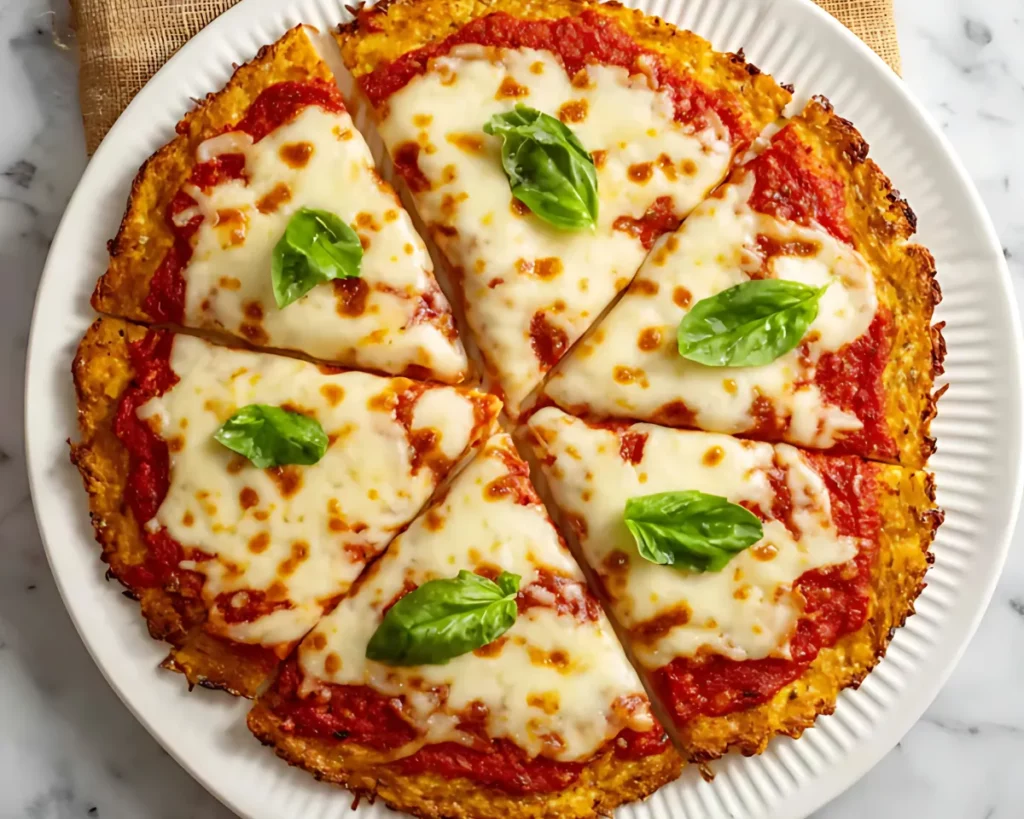 Whole cauliflower pizza with basil leaves