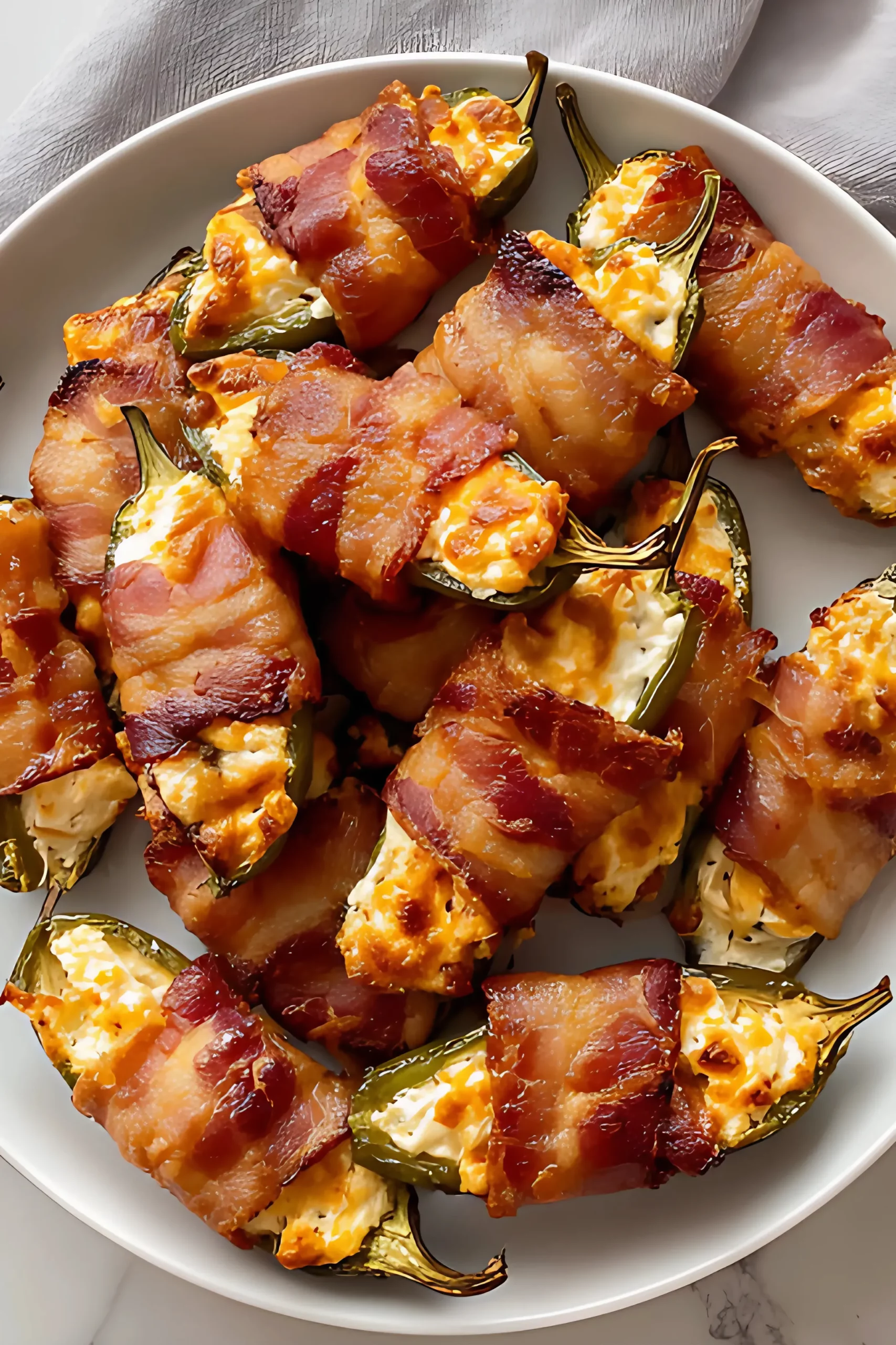 bacon wrapped jalapeno poppers in white bowl