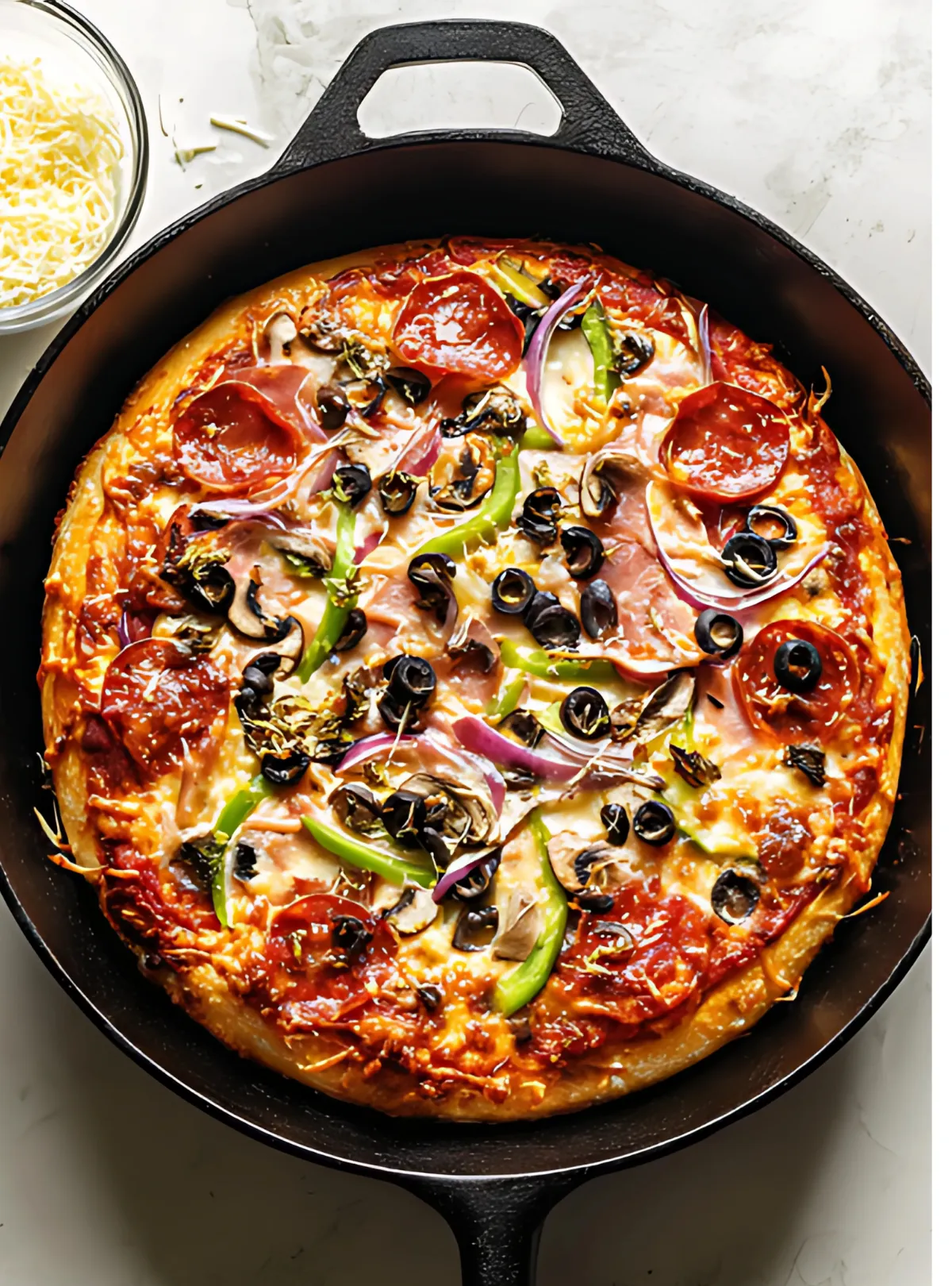 baked pizza in cast iron skillet overhead