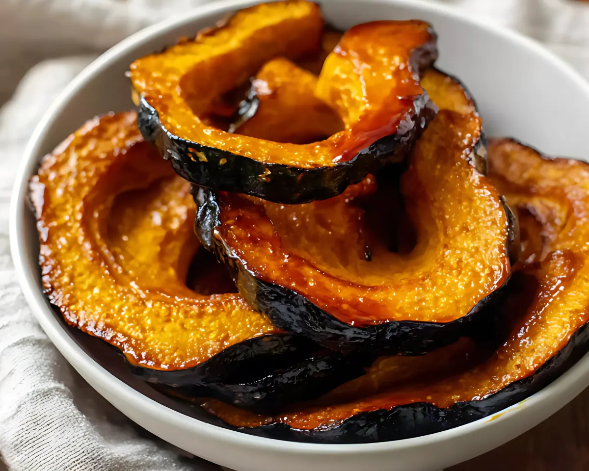 caramelized acorn squash slices in ceramic bowl