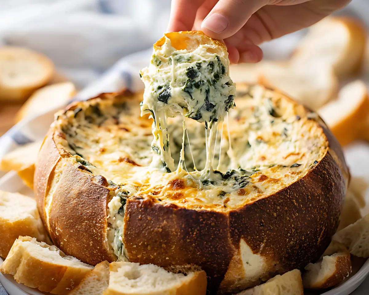 cheese pull from baked spinach dip
