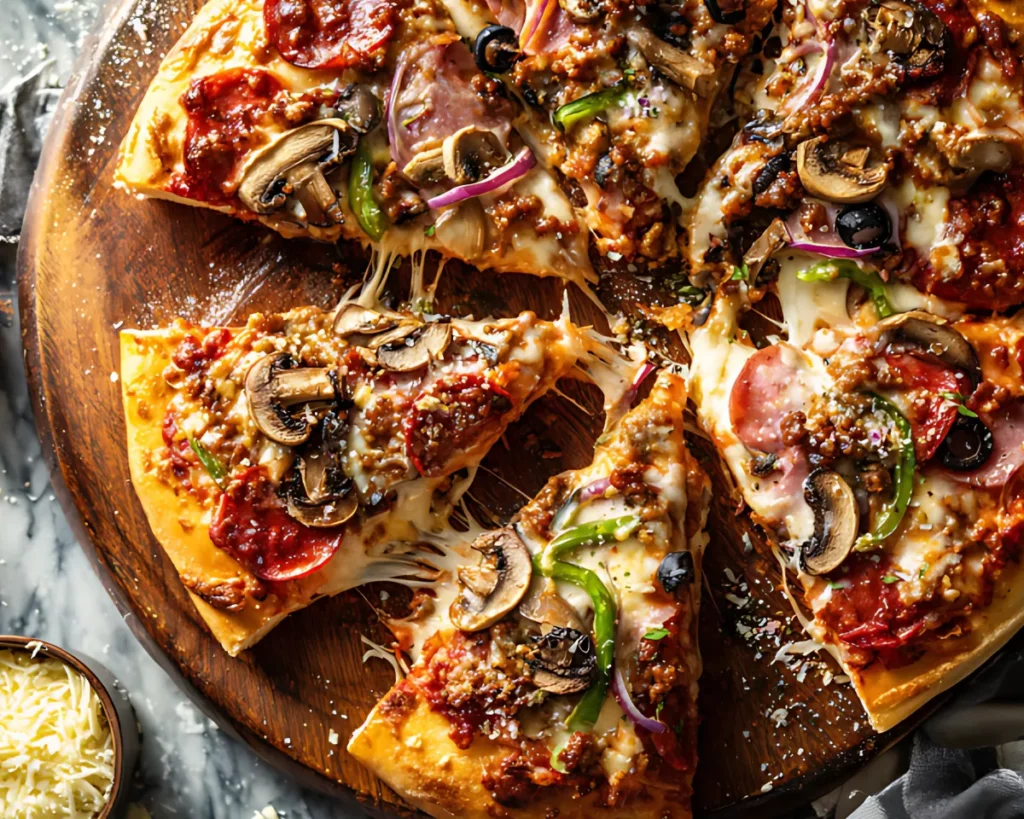 cheesy supreme pizza slices with mushrooms