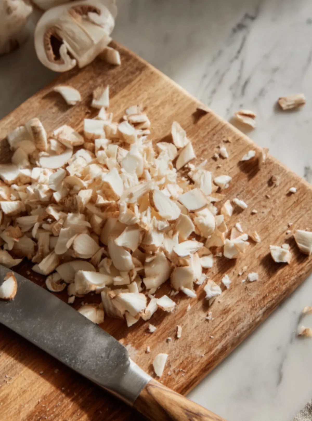 chopped mushrooms on wooden board