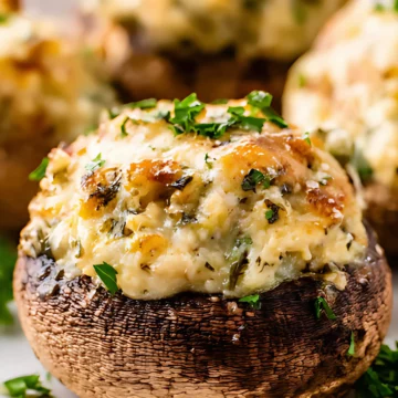close up stuffed mushroom with herbs