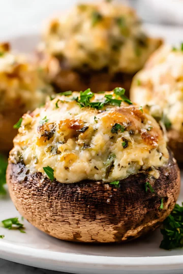 close up stuffed mushroom with herbs