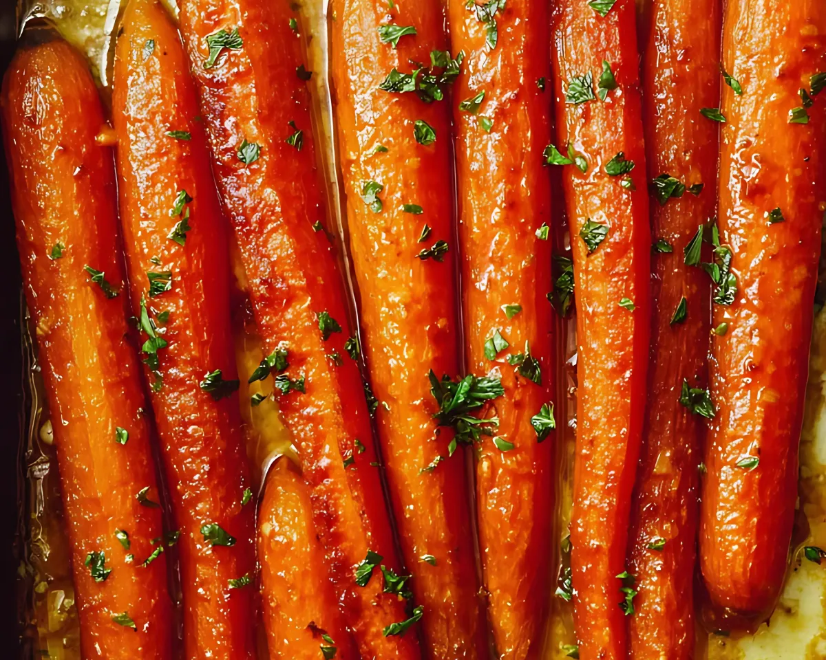 closeup roasted glazed carrots with parsley