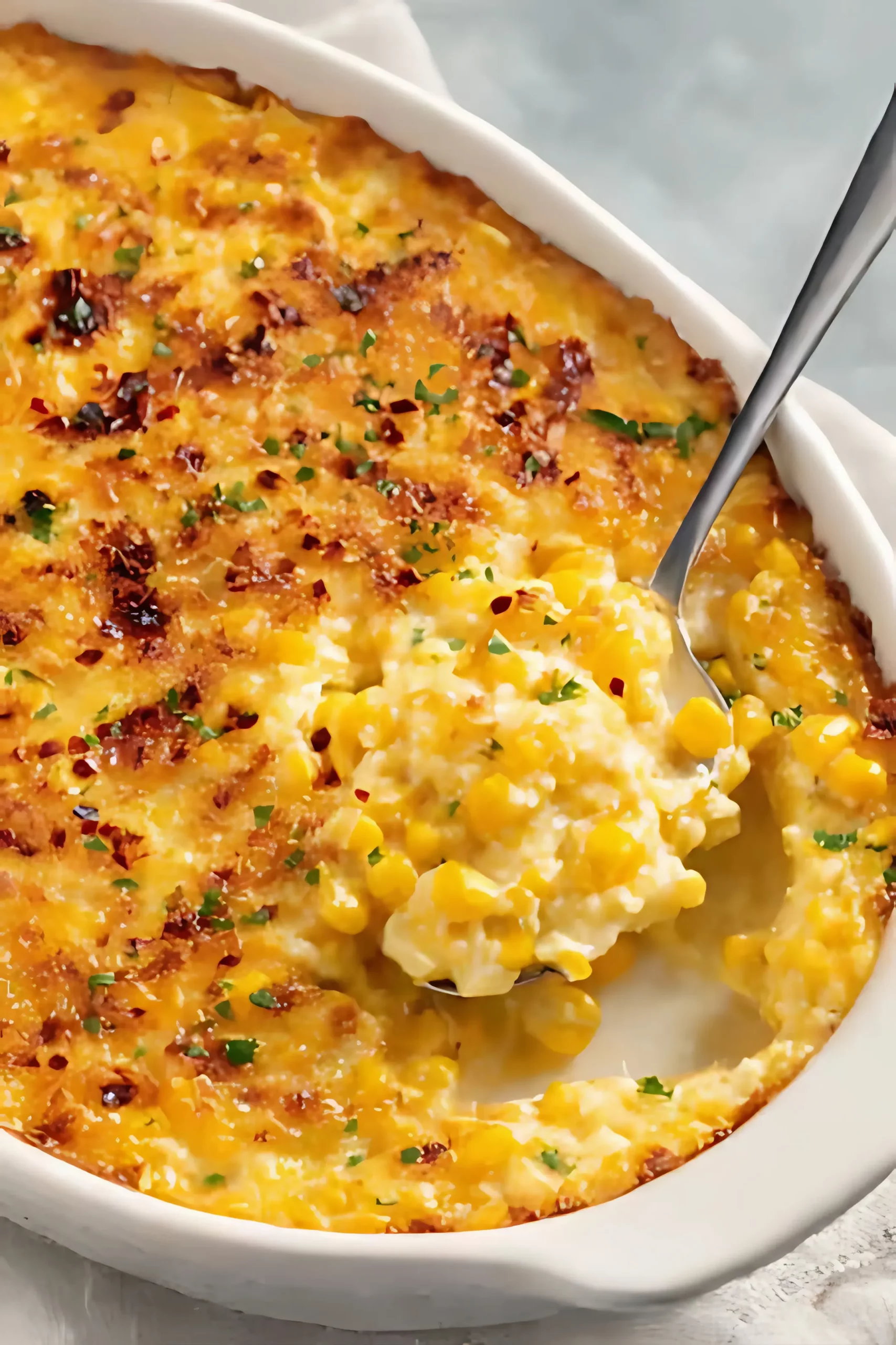 creamy corn casserole with spoon