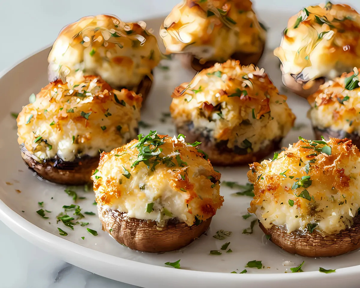 crispy stuffed mushrooms on marble plate