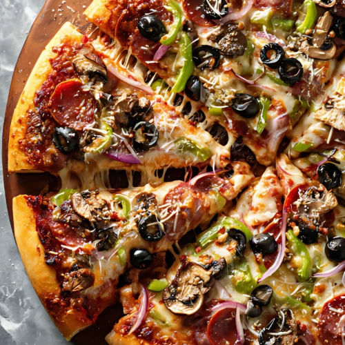 fresh baked veggie pizza sliced on wooden board