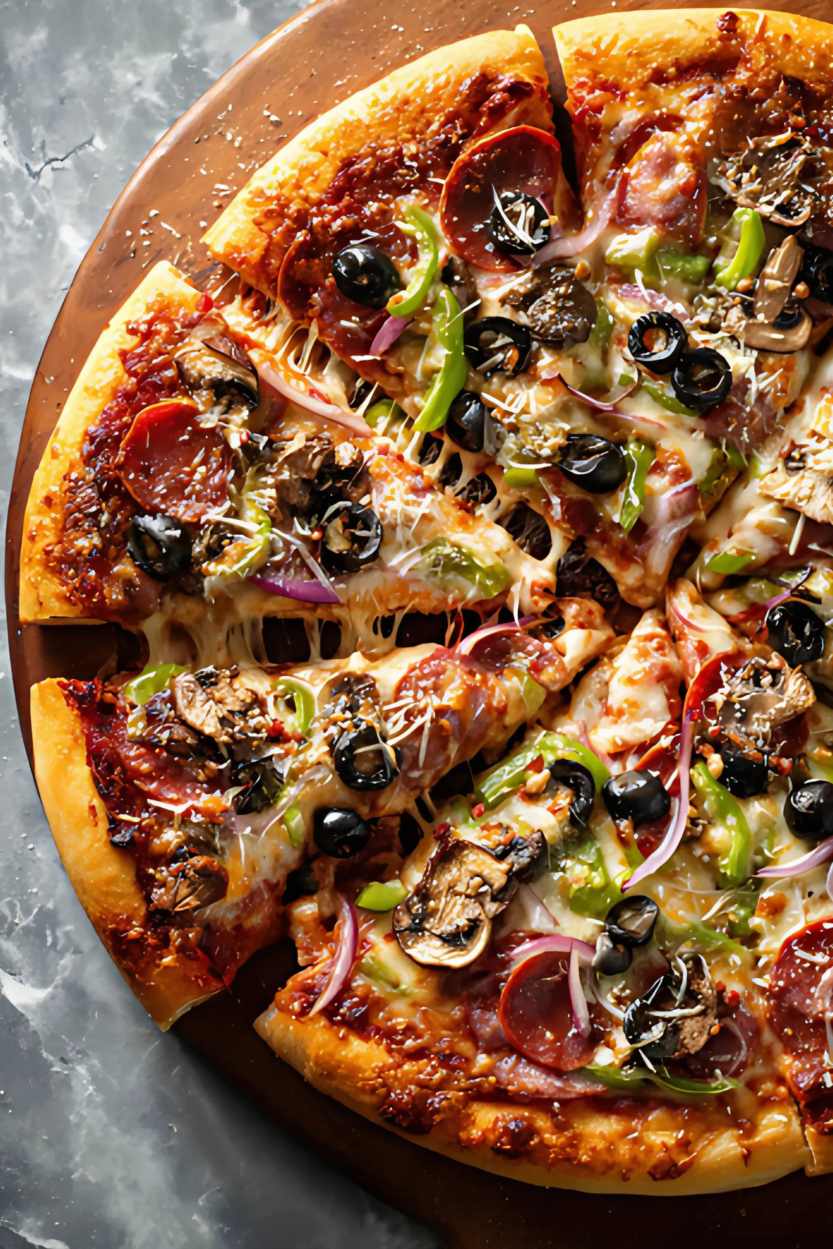 fresh baked veggie pizza sliced on wooden board