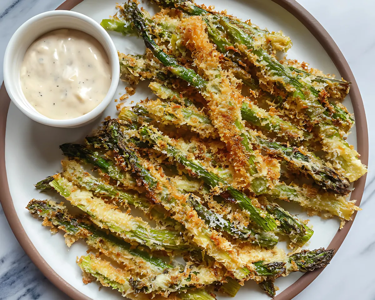 golden parmesan asparagus on white plate