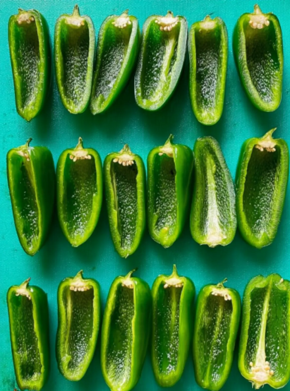 halved raw jalapenos on green board