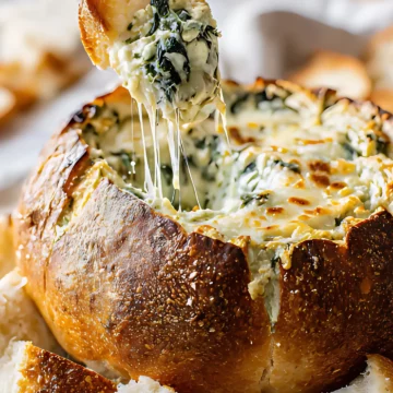 hand lifting spinach dip from bread bowl