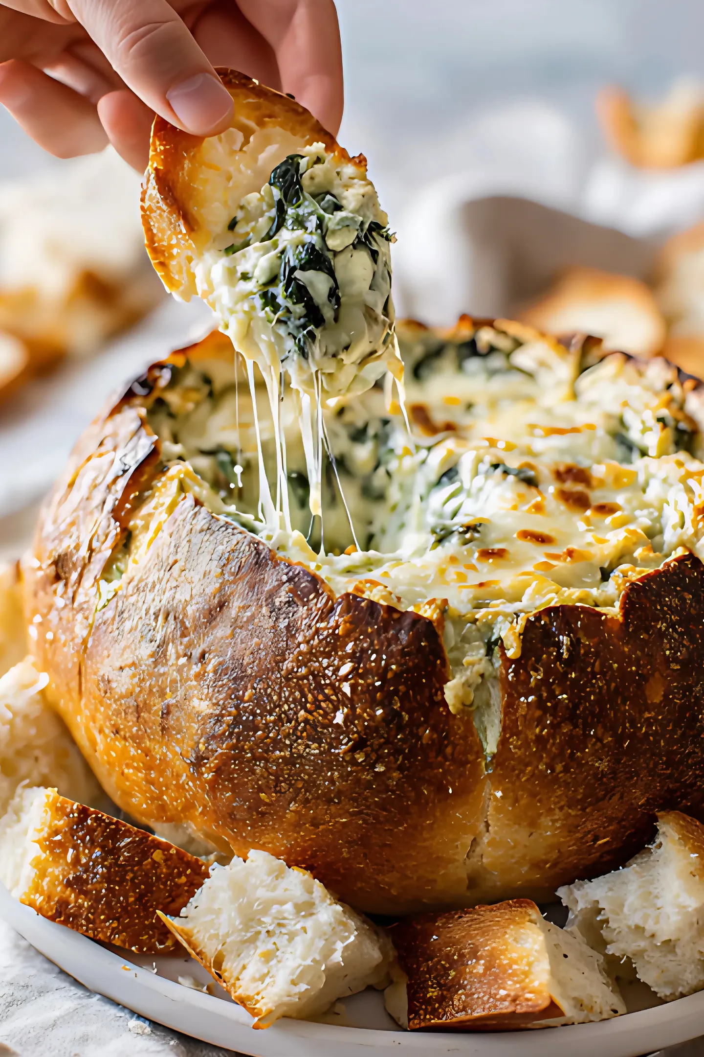 hand lifting spinach dip from bread bowl